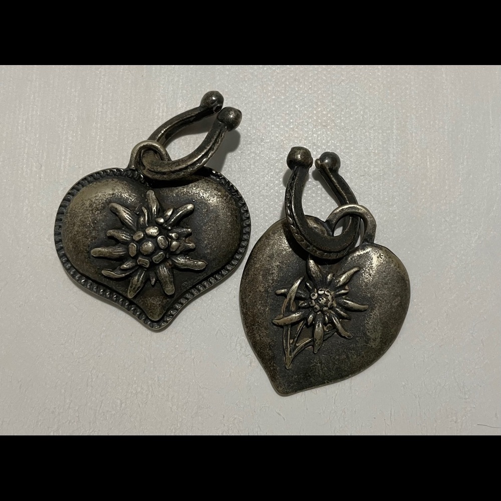 Old Silver Tone Flower Heart Charm - 2 pcs